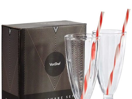 VonShef Milkshake Glass with Straw - Set of 2 on Sale