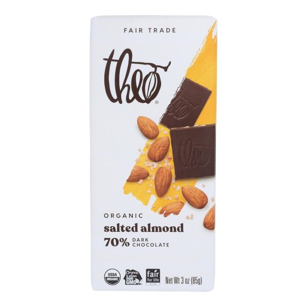 Theo Chocolate Organic Chocolate Bar - Classic - Dark Chocolate - 70 Percent Cacao - Salted Almond - 3 Oz Bars - Case Of 12 Supply